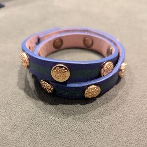 Rustic Cuff, blue and green with logoed gold plates and a button clasp